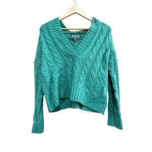 American Eagle Womens Cable Knit Cropped Sweater XS Teal Wool Blend V-Neck Long